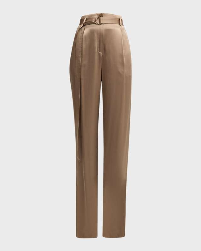 High-Rise Belted Straight-Leg Double-Face Satin Pants